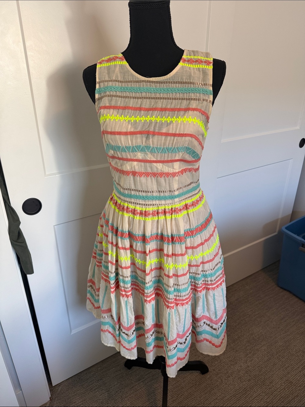 Tracy Reese Cream Mini Dress with Coral, Aqua and Neon Yellow Stripes